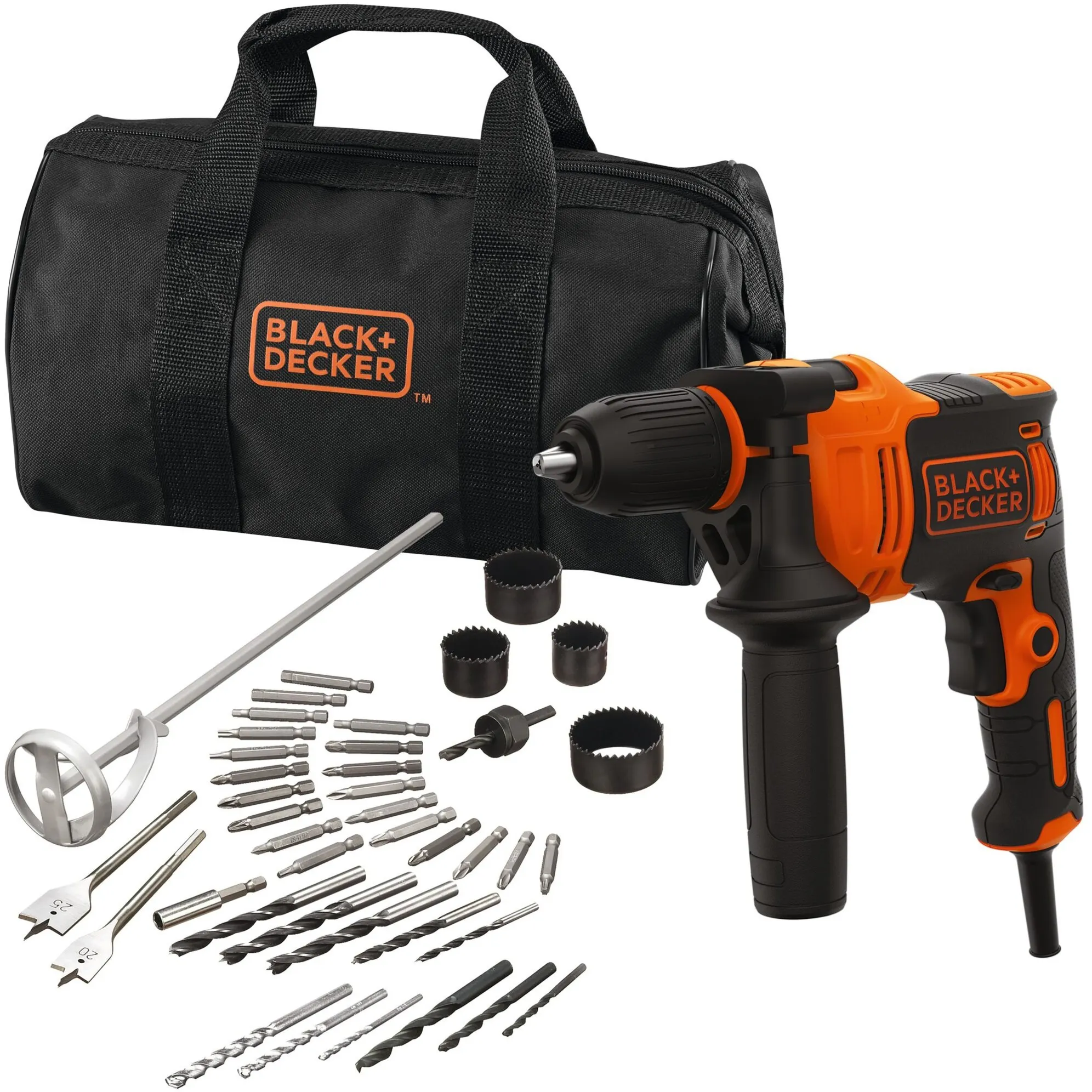BLACK+DECKER 710W KLOPBOORMACHINE BEH710SA40QS (ORANJE/ZWART, INCL. 40 ACCESSOIRES IN SOFTBAG)